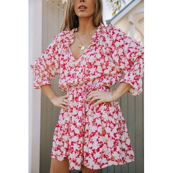 Barefoot Blonde Palm Beach Leilani Dress Pink White Floral Boho Tiered Rayon XS - Picture 2 of 15